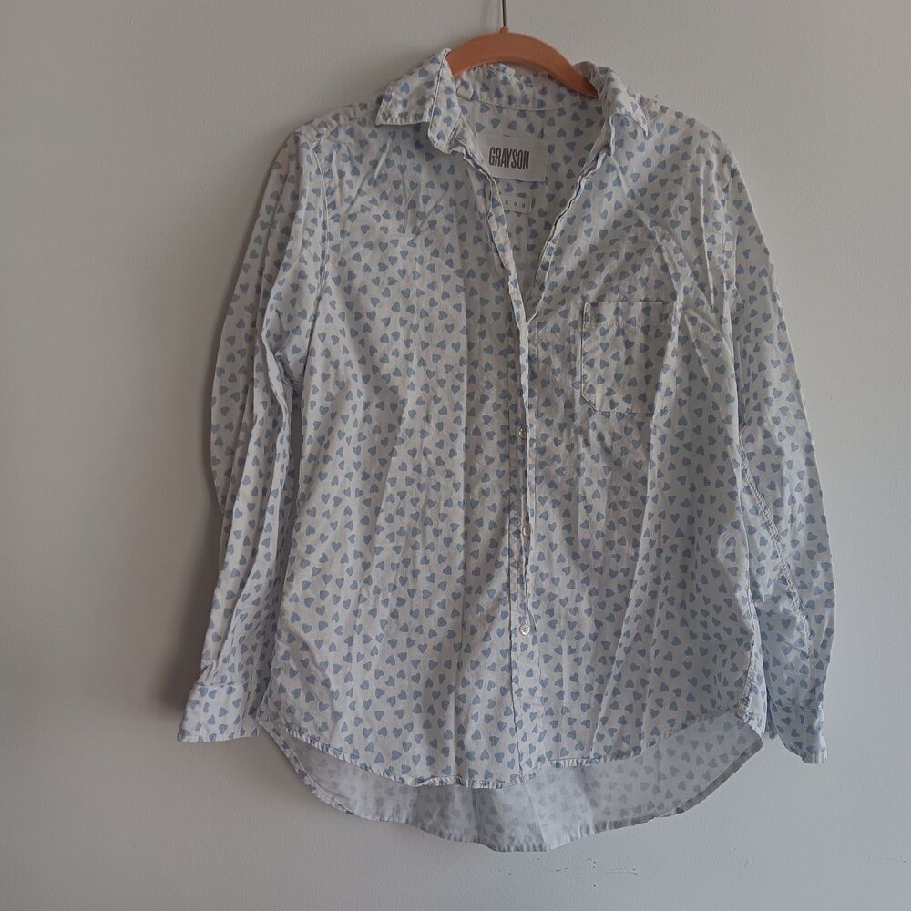 Grayson Light Blue Heart Button Down Top Size 2 lightweight summer lounge